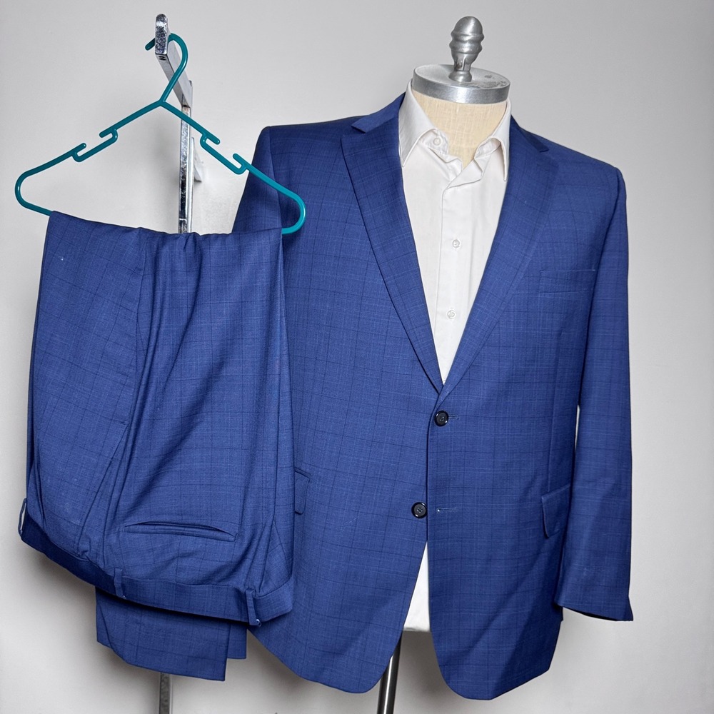Petrocelli Suit Mens 48R 40W Blue Windowpane Check 2-Button Notch Lapel Modern